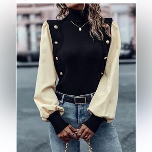 Emery Rose Black Ribbed Sweater with gold buttons on front blouse sleeve XL